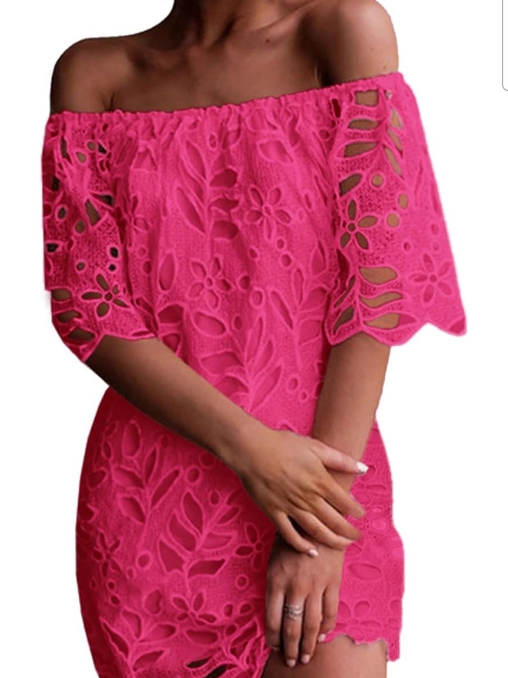 Pretty Garden Chic Hot Pink Off-Shoulder Lace Dress